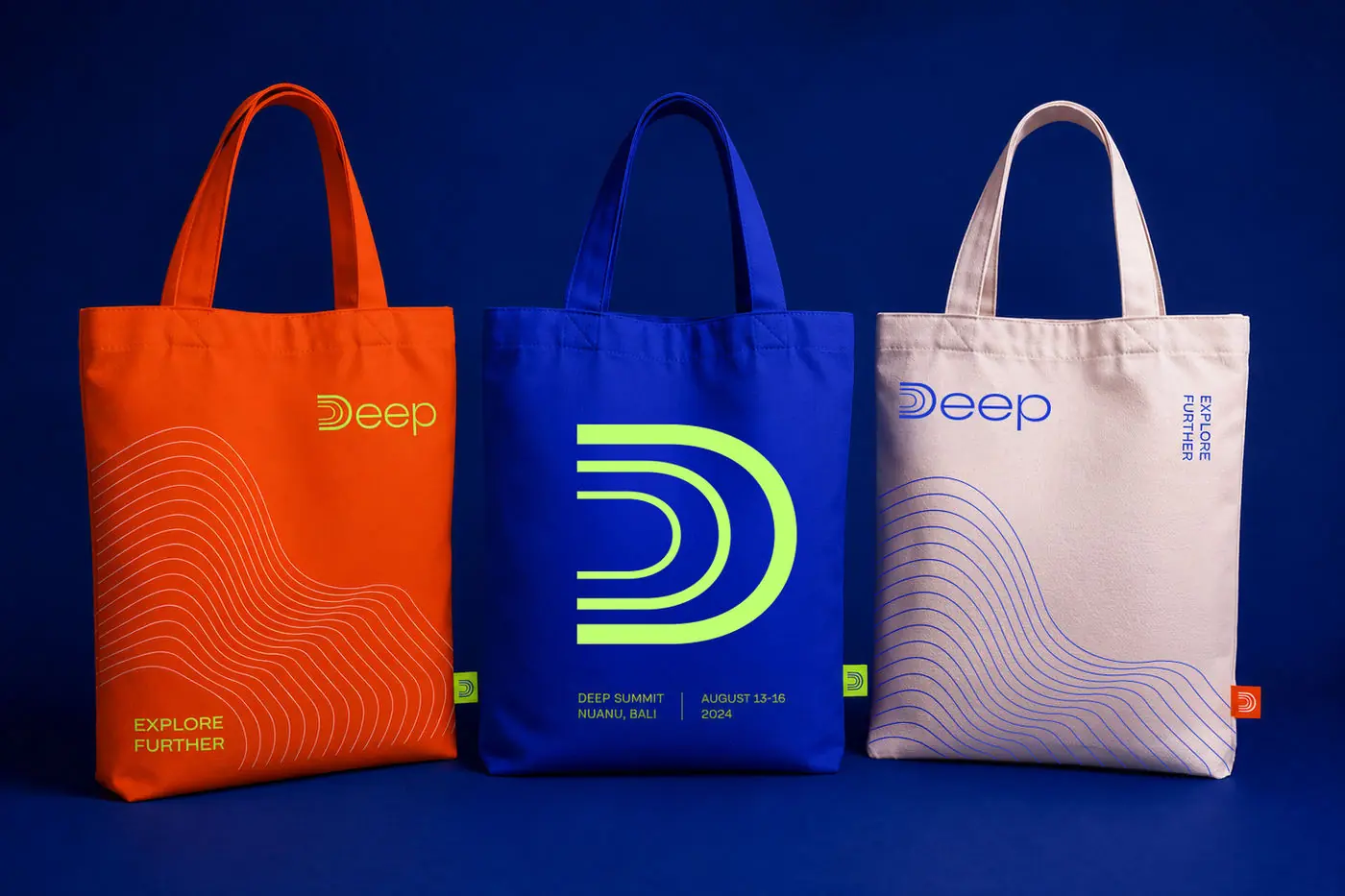 Deep tote bags in orange, blue and white