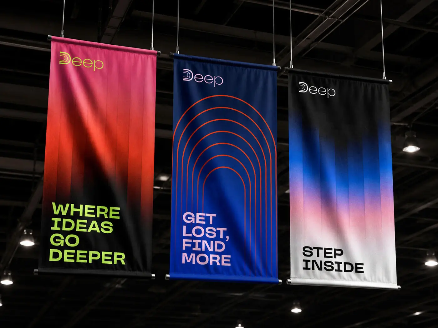 Deep banners hanging in a hall