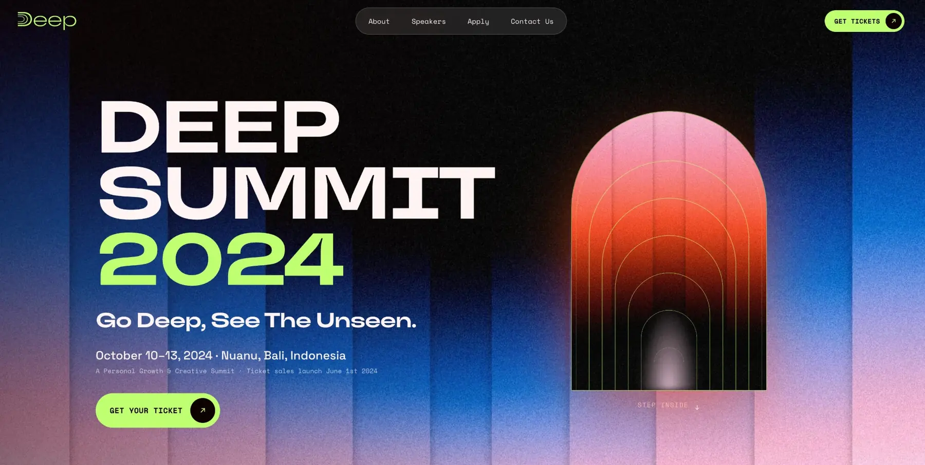 Deep Summit website: homepage hero, “Go Deep, See The Unseen.”