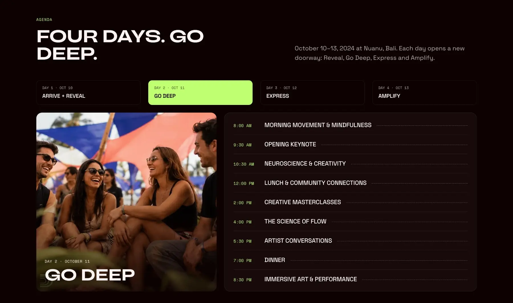 Deep Summit website: four-day agenda