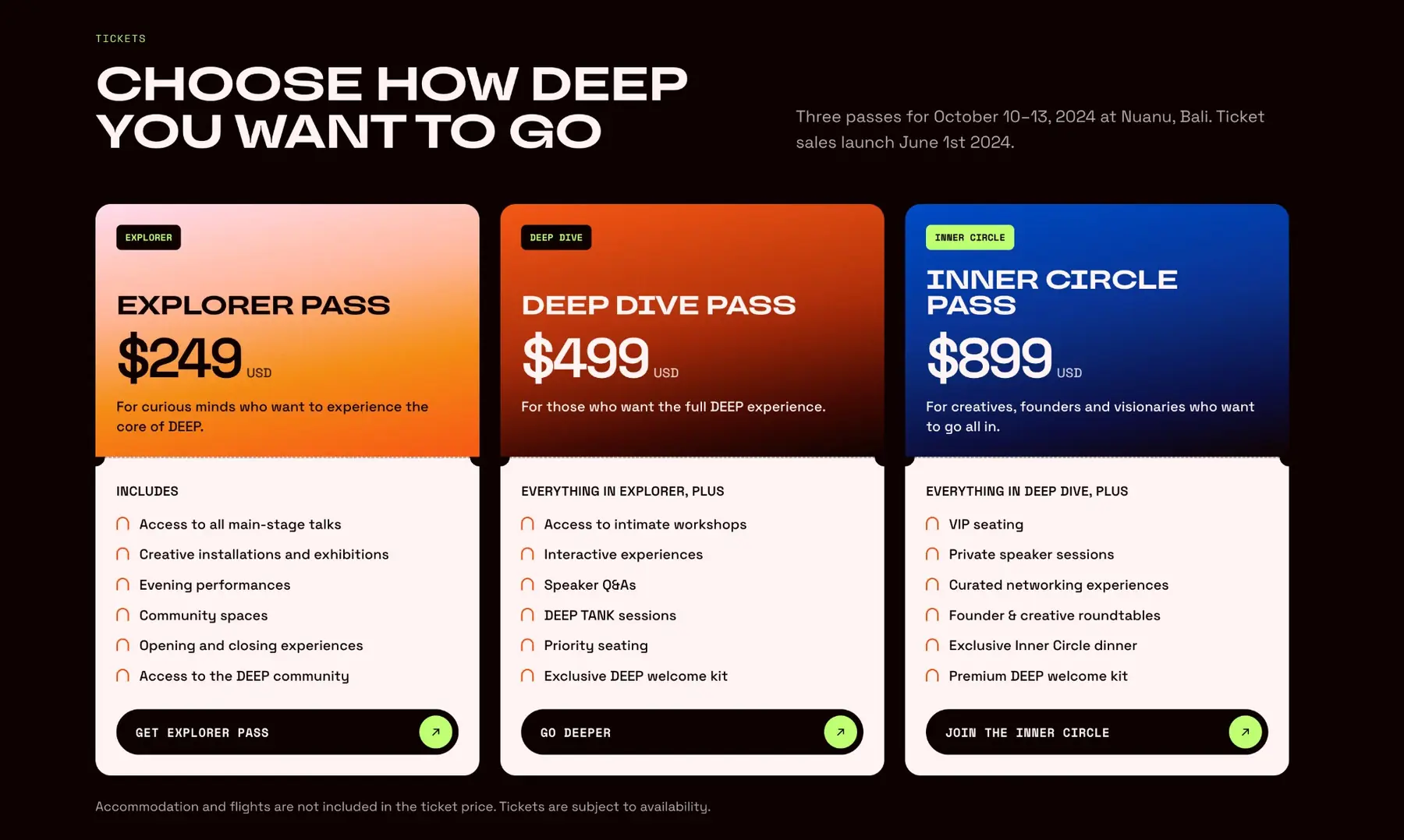 Deep Summit website: Explorer, Deep Dive and Inner Circle passes