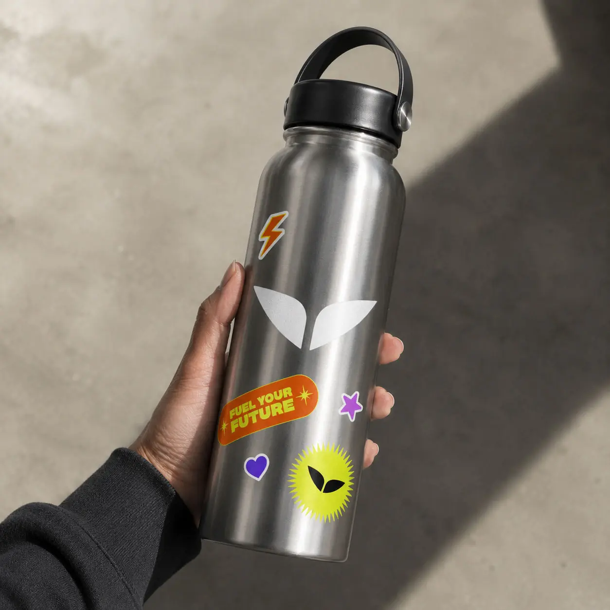 Future Human water bottle with stickers