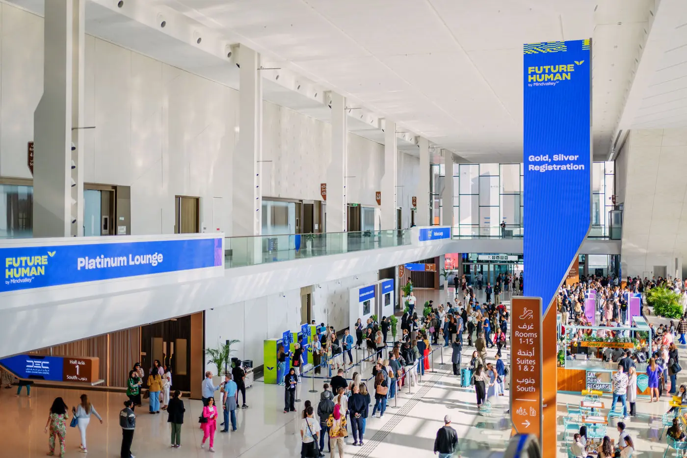 Expo hall with Future Human banners