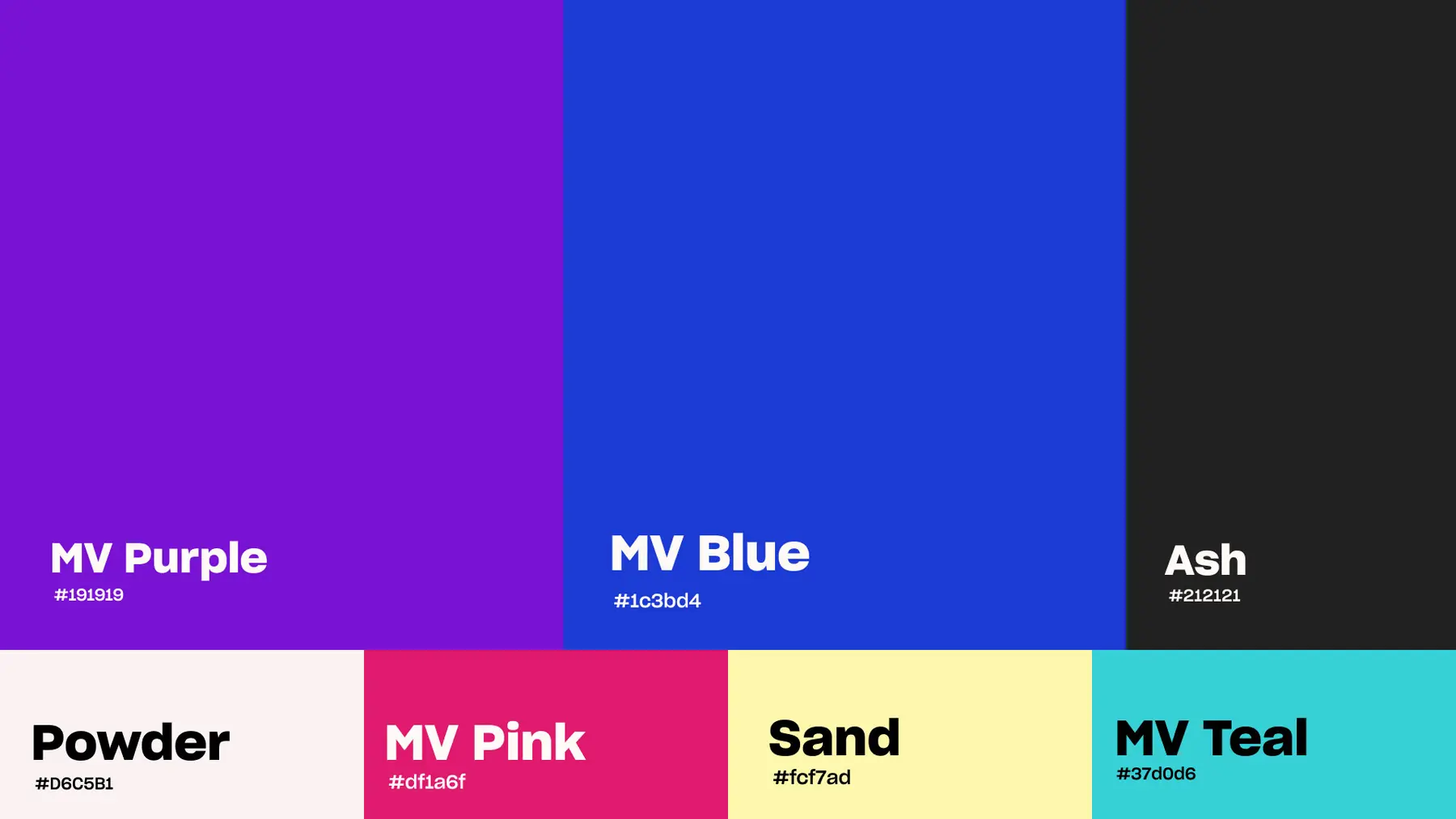 Mindvalley U colour palette: MV Purple, MV Blue, Ash, Powder, MV Pink, Sand and MV Teal