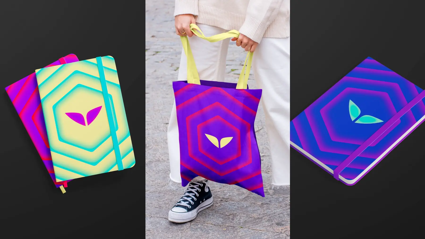 Merchandise: notebooks and tote bag