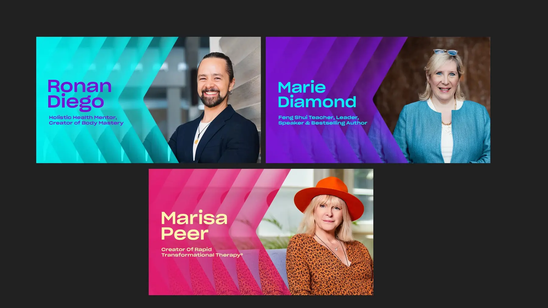 Speaker title cards: Ronan Diego, Marie Diamond and Marisa Peer