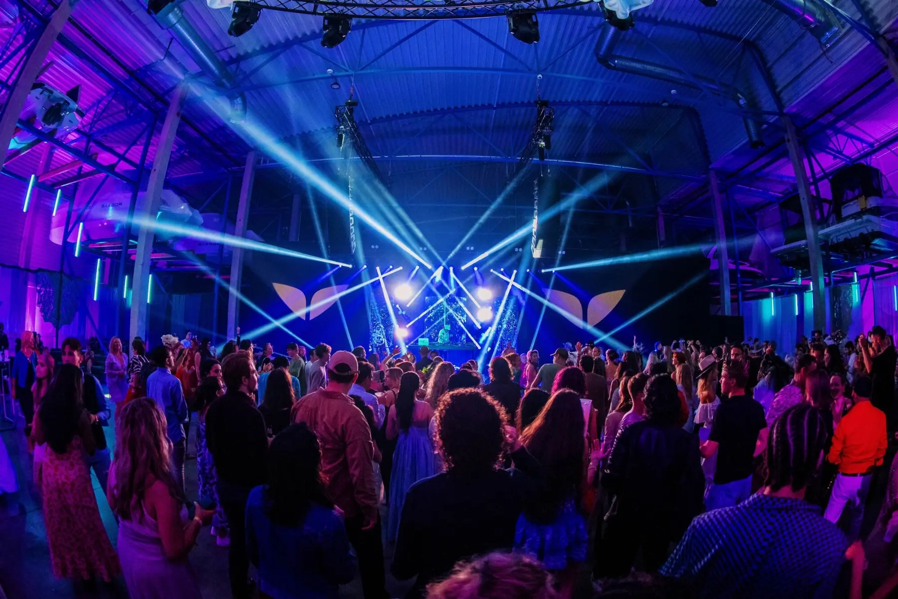 Party crowd under laser lights and the Mindvalley wings