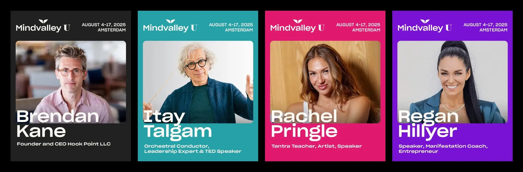 Mindvalley U speaker cards: Brendan Kane, Itay Talgam, Rachel Pringle and Regan Hillyer