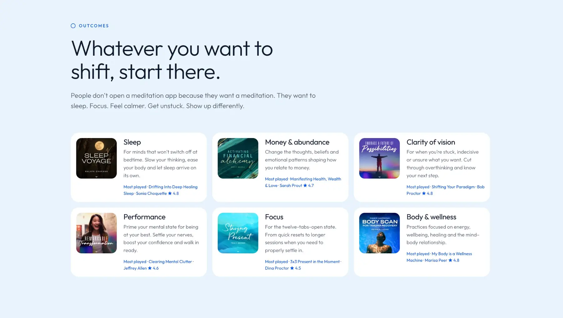 Omvana website: outcomes grid — sleep, money, clarity, performance, focus, body