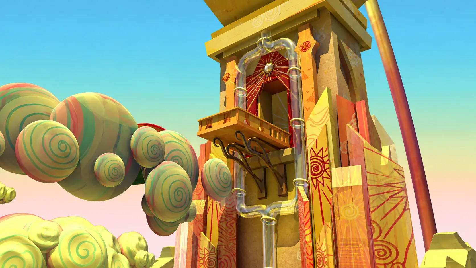 Whimsical sunburst tower among spiral clouds — 3D scene