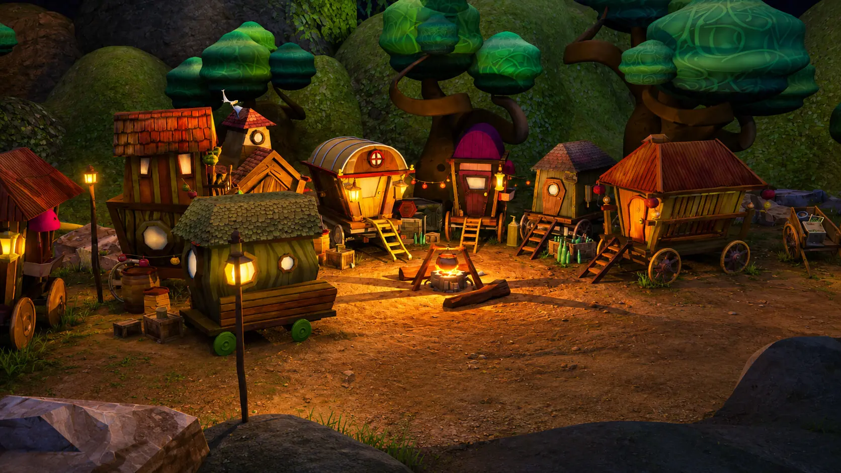 Enchanted caravan village at dusk — 3D scene