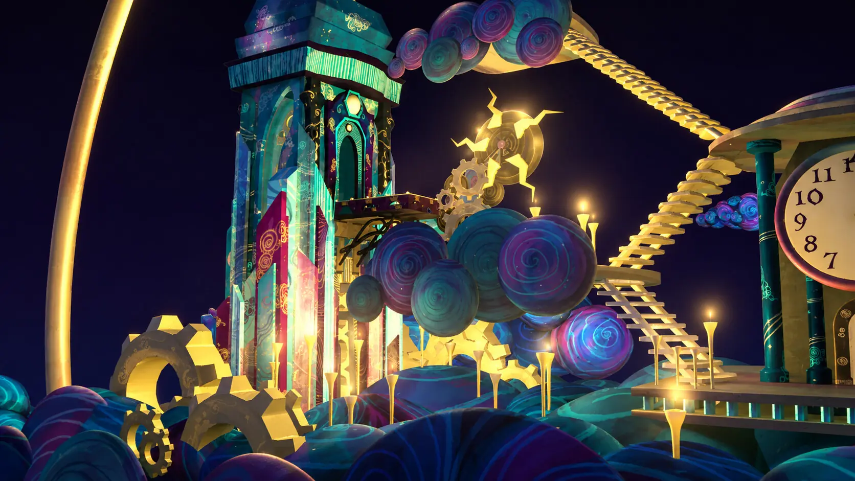 Clockwork city among dreamy clouds — 3D scene