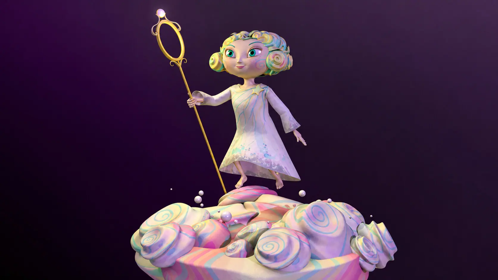 Pastel swirl guardian on a cloud — 3D character