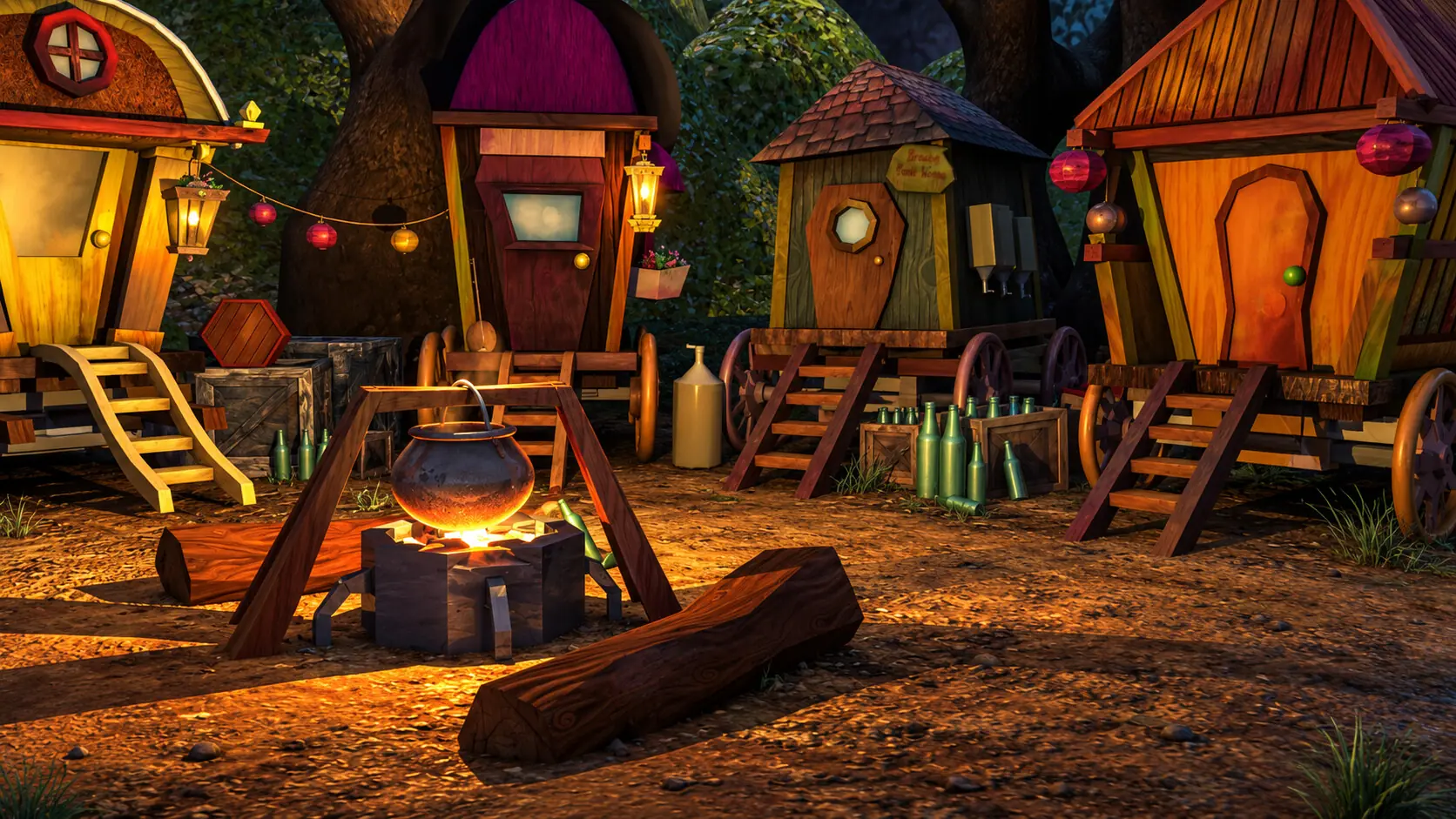 Enchanted woodland caravan camp — 3D scene