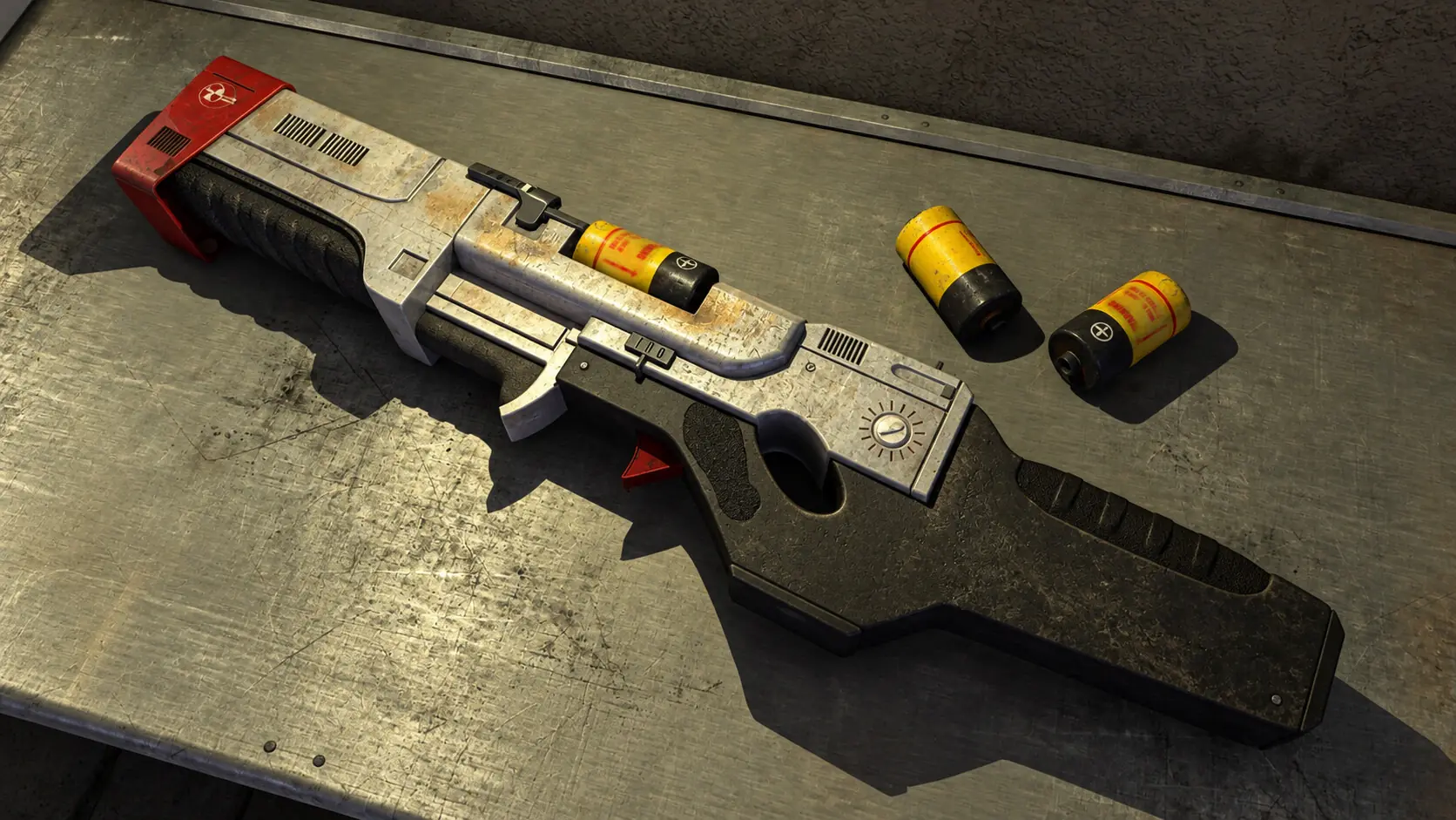 Worn energy rifle on a workbench — 3D scene