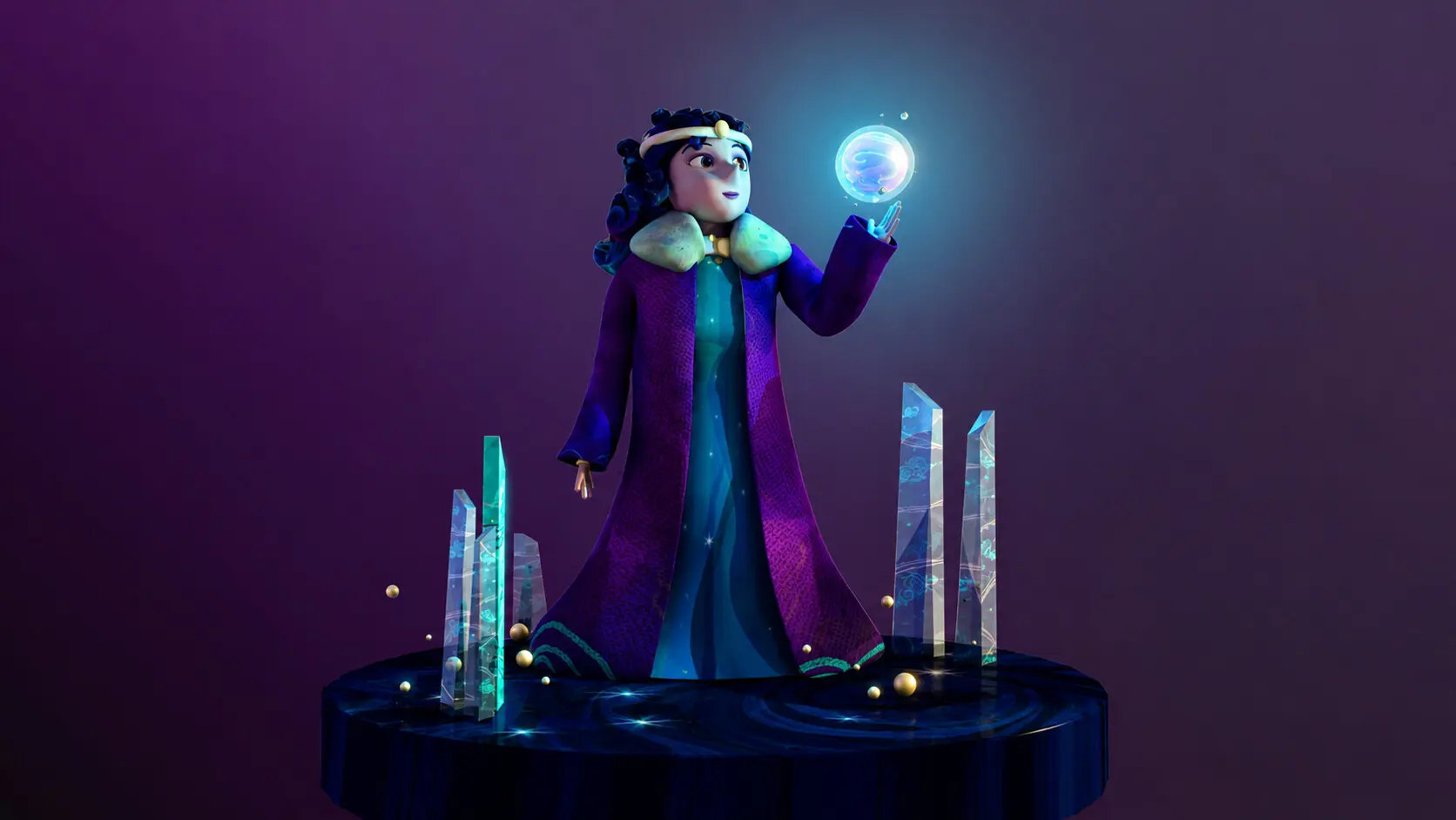 Magical orb sorceress on a crystal pedestal — 3D character