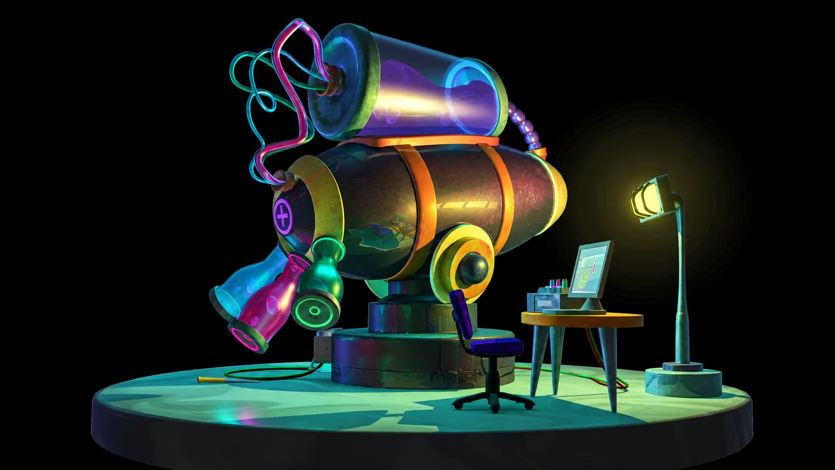 Neon observatory machine diorama — 3D scene