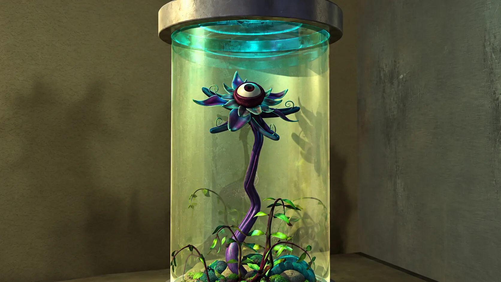 Bioluminescent eye-flower containment tank — 3D scene