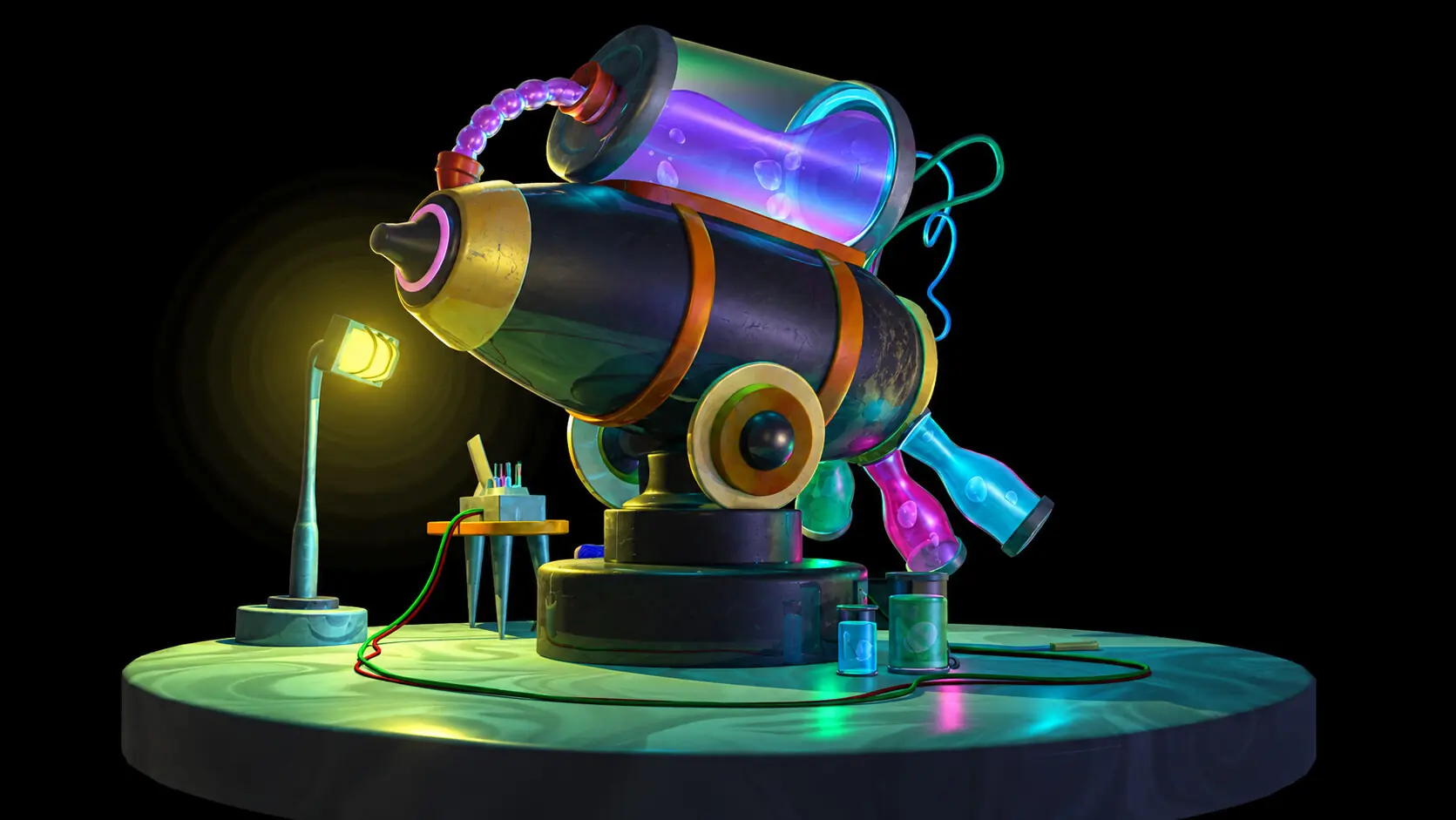 Neon steampunk lab apparatus — 3D scene