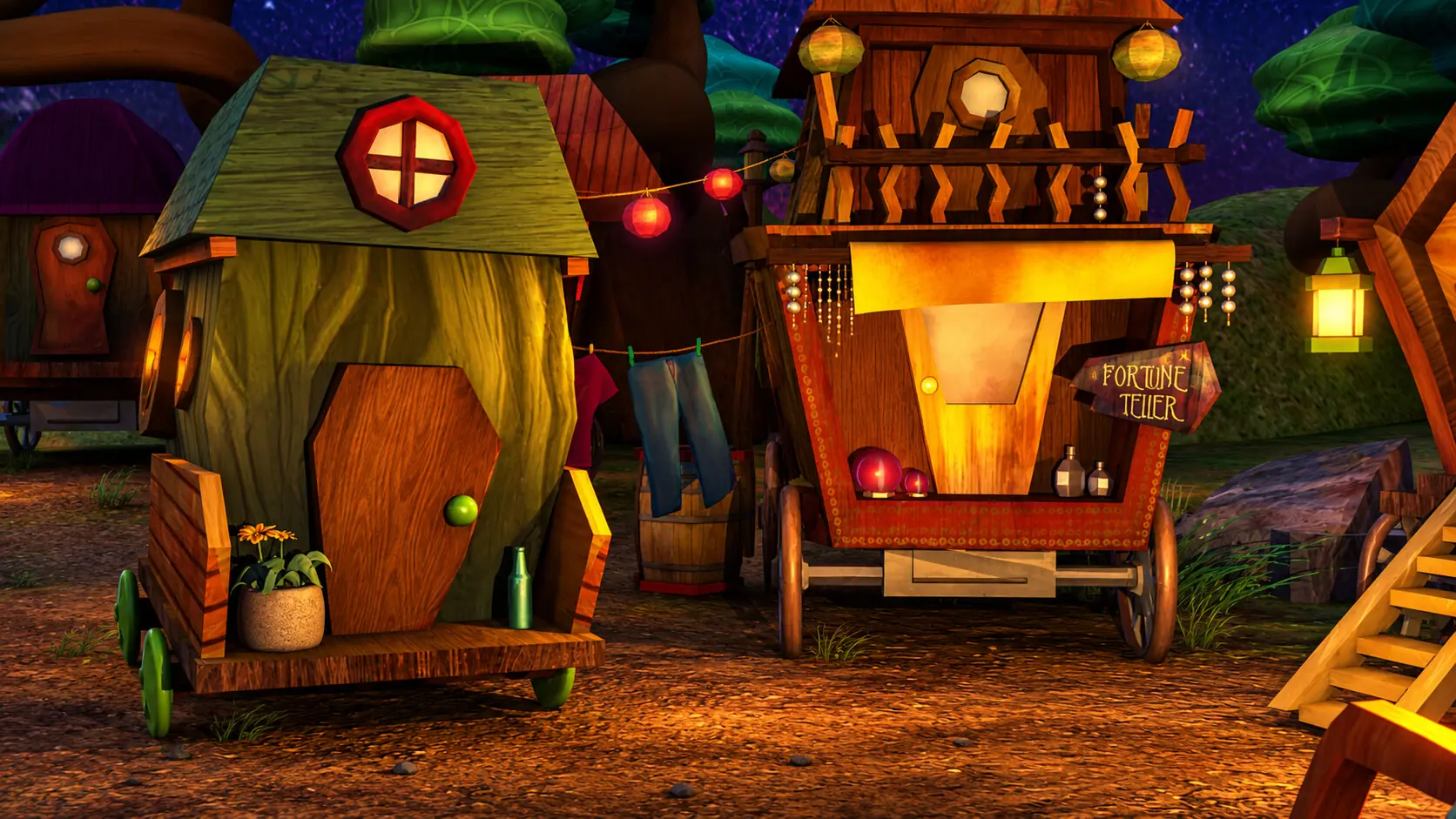 Moonlit fortune teller caravan village — 3D scene