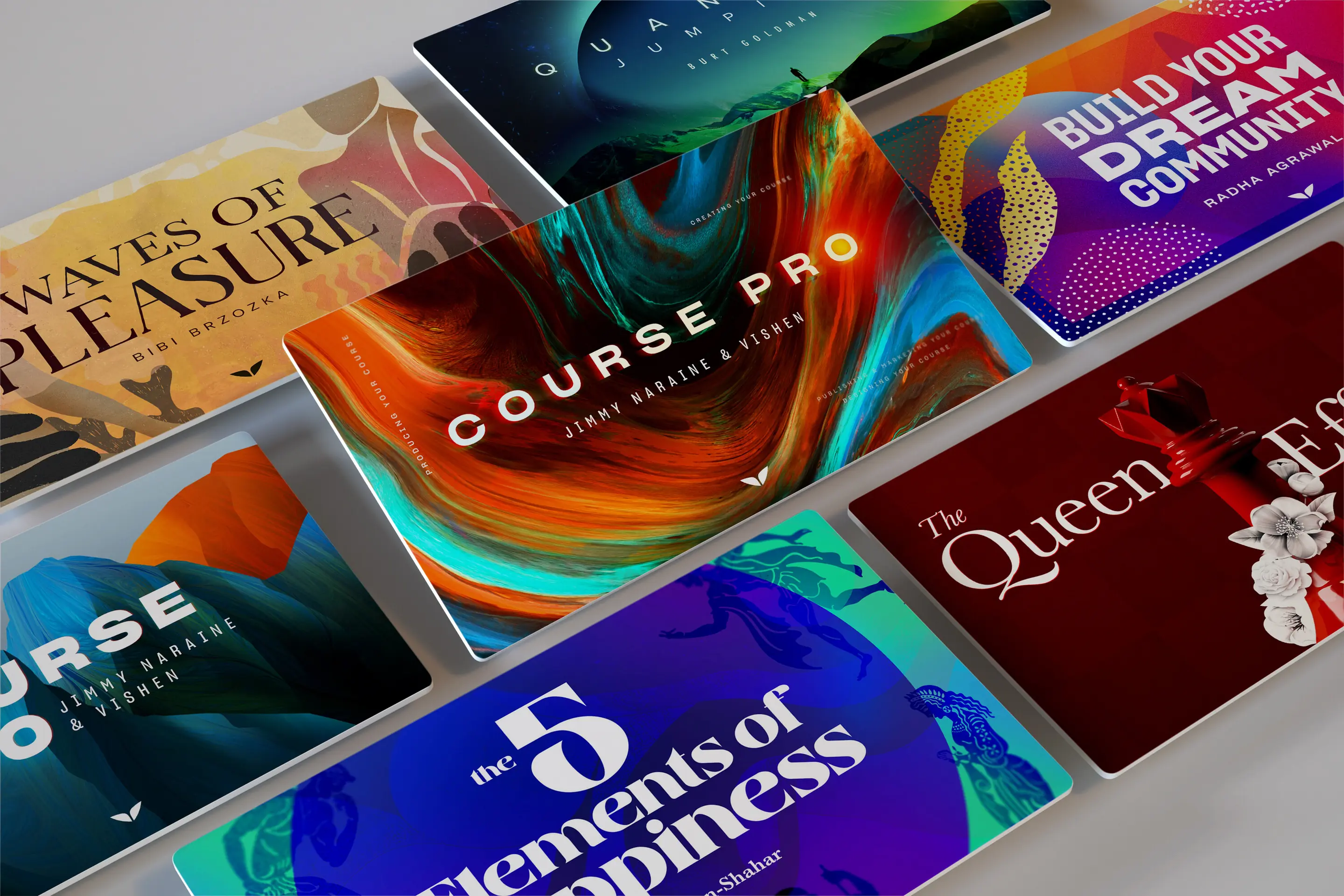 A spread of Mindvalley Quest covers: Course Pro, Waves of Pleasure, The 5 Elements of Happiness and more