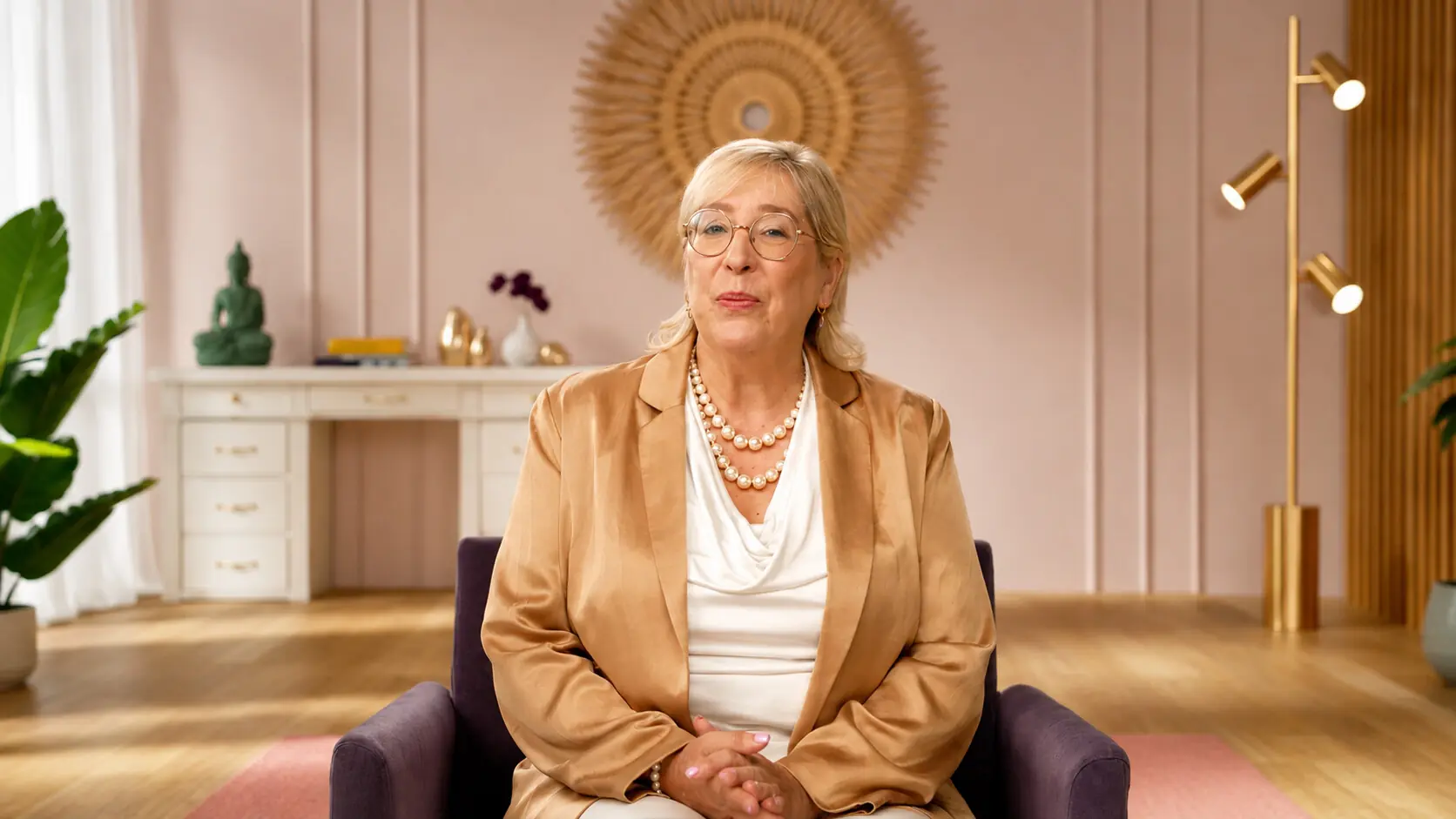 Speaker in front of a pink wall with a rattan sunburst