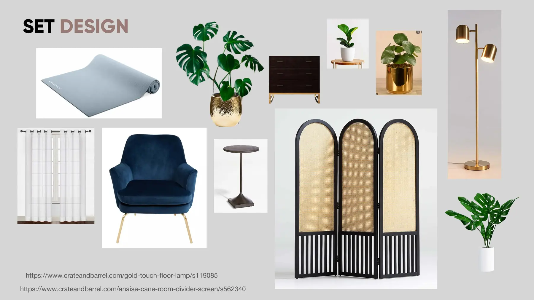 Set design mood board: velvet armchair, rattan screen, brass lamps and plants