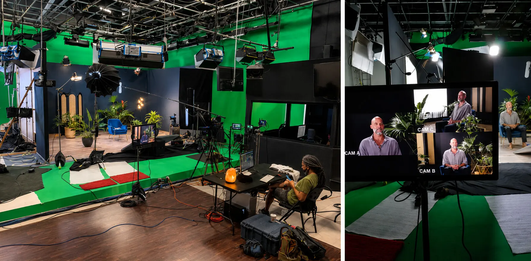 Behind the scenes: the built set in the studio, with crew and monitors