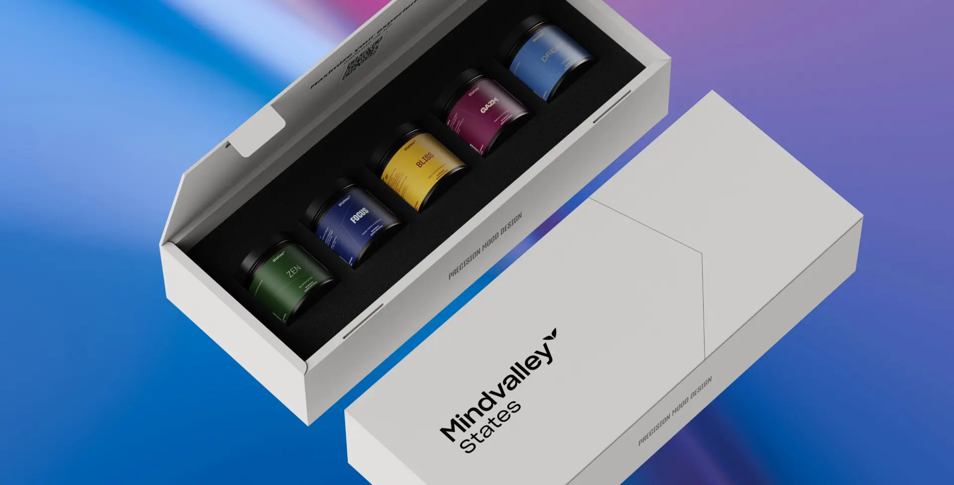 States kit: an open white box holding five coloured jars — Zen, Focus, Bliss, Gazm and Dream